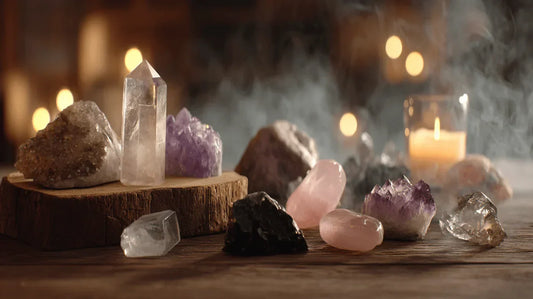 Crystal healing setup with candles and various crystals in a zen meditation space