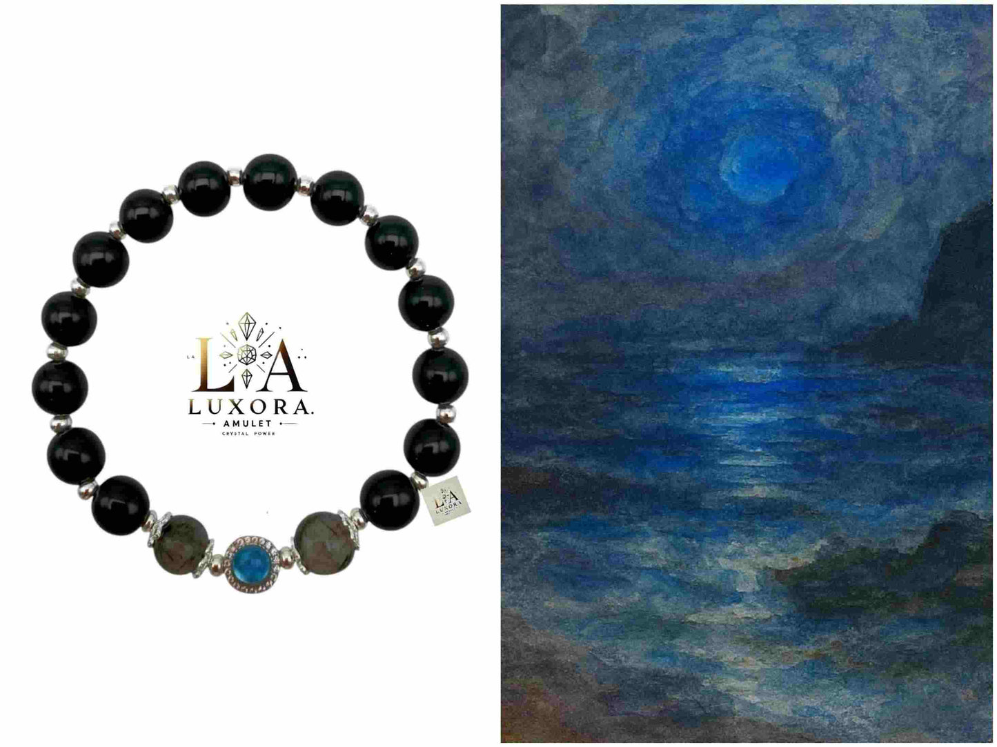 Black Obsidian Bracelet with Aquamarine & Smoky Quartz – Protection & Harmony