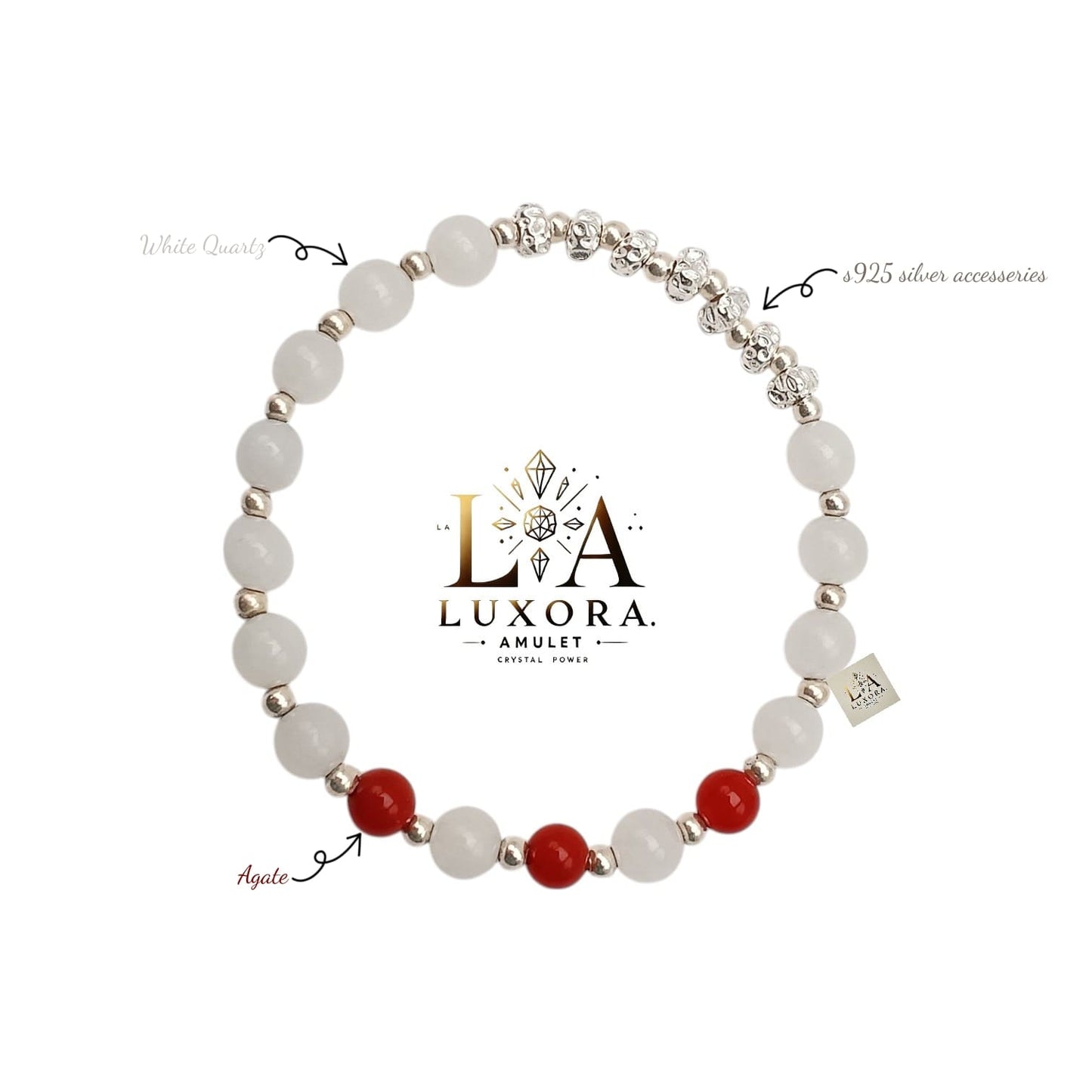White Crystal & Red Agate Bracelet with S925 Silver Beads – Balance & Energy