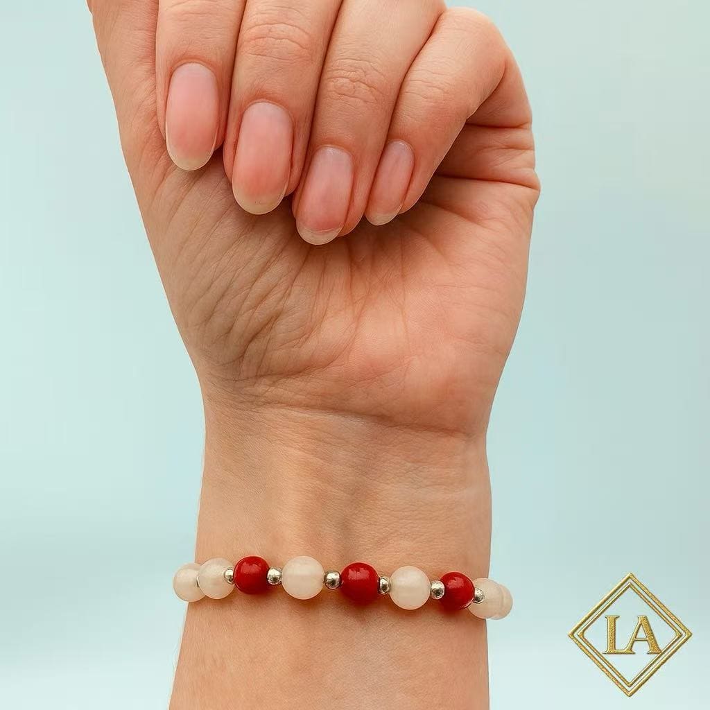 White Crystal & Red Agate Bracelet with S925 Silver Beads – Balance & Energy