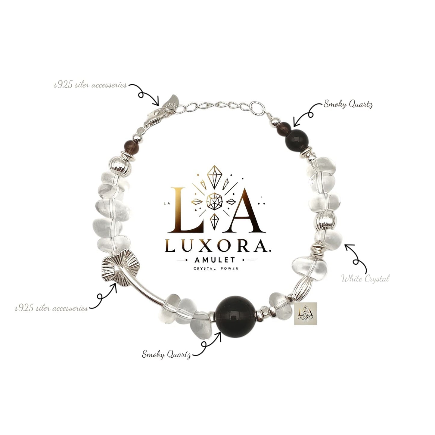 White Crystal & Smoky Quartz Bracelet with S925 Silver – Balance & Clarity