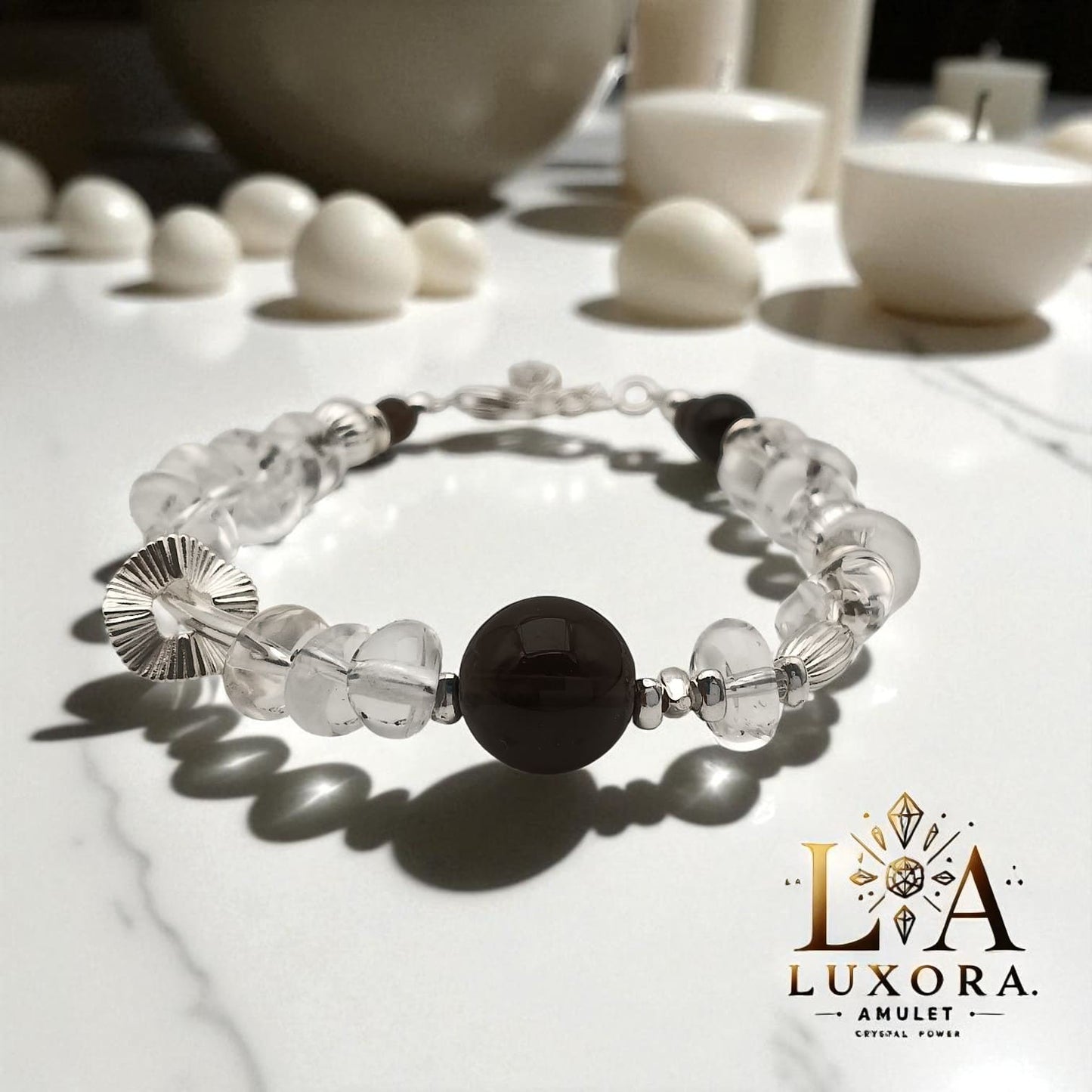 White Crystal & Smoky Quartz Bracelet with S925 Silver – Balance & Clarity