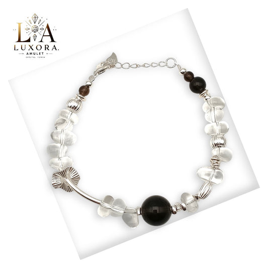 White Crystal & Smoky Quartz Bracelet with S925 Silver – Balance & Clarity