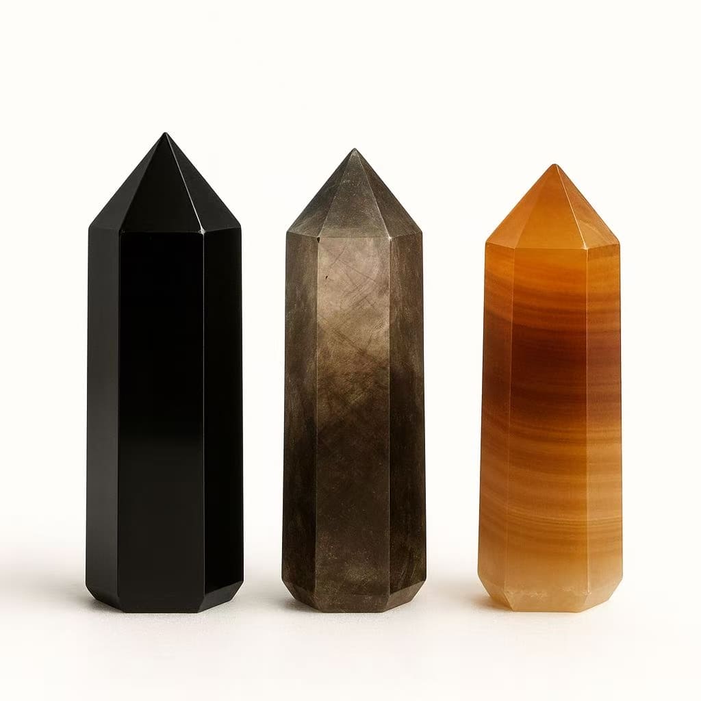 black obsidian, smoky quartz, and agate for protection and safety