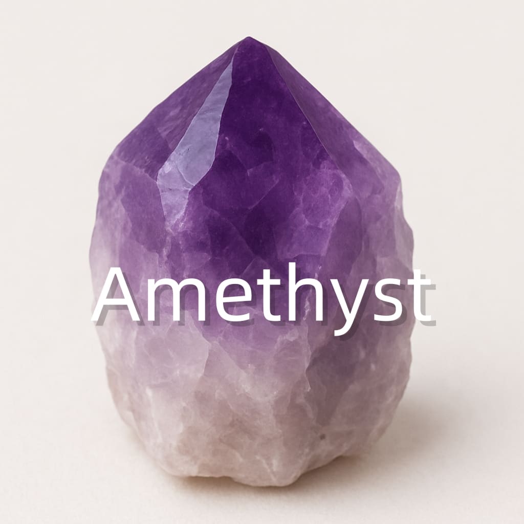 Vibrant Amethyst crystal cluster glowing in purple hues, representing peace, clarity, and spiritual protection