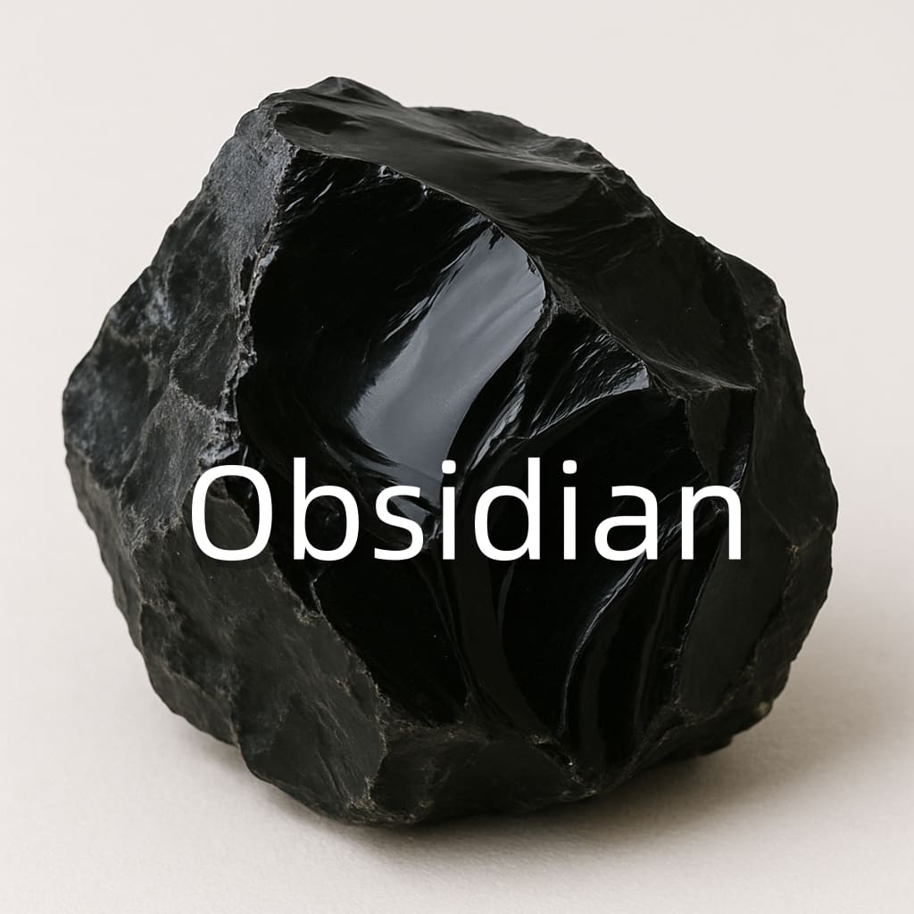 Polished black Obsidian gemstone with glossy surface, symbolizing protection, inner strength, and emotional release