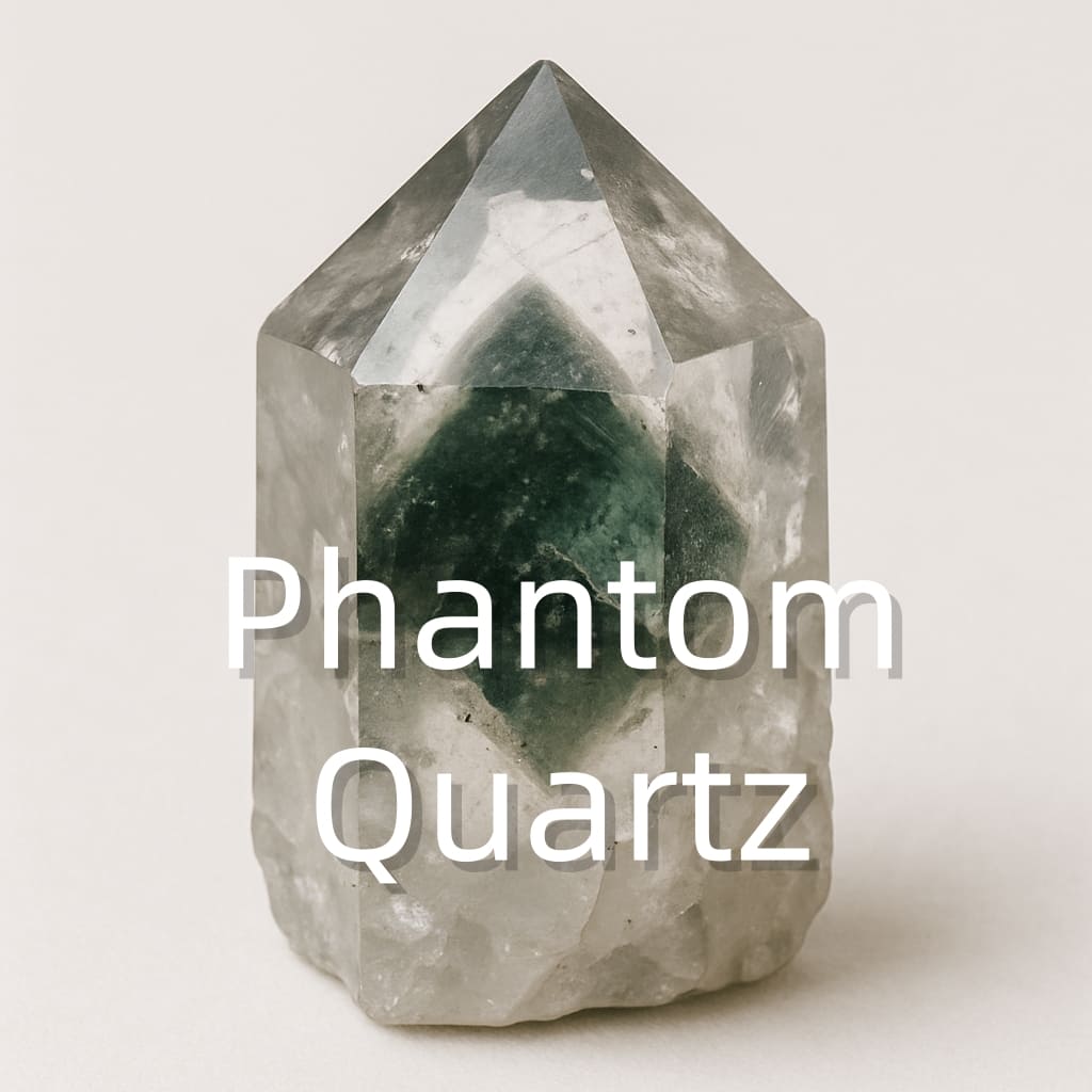 Phantom Quartz crystal with ghost-like inner layers, symbolizing transformation, healing, and spiritual evolution