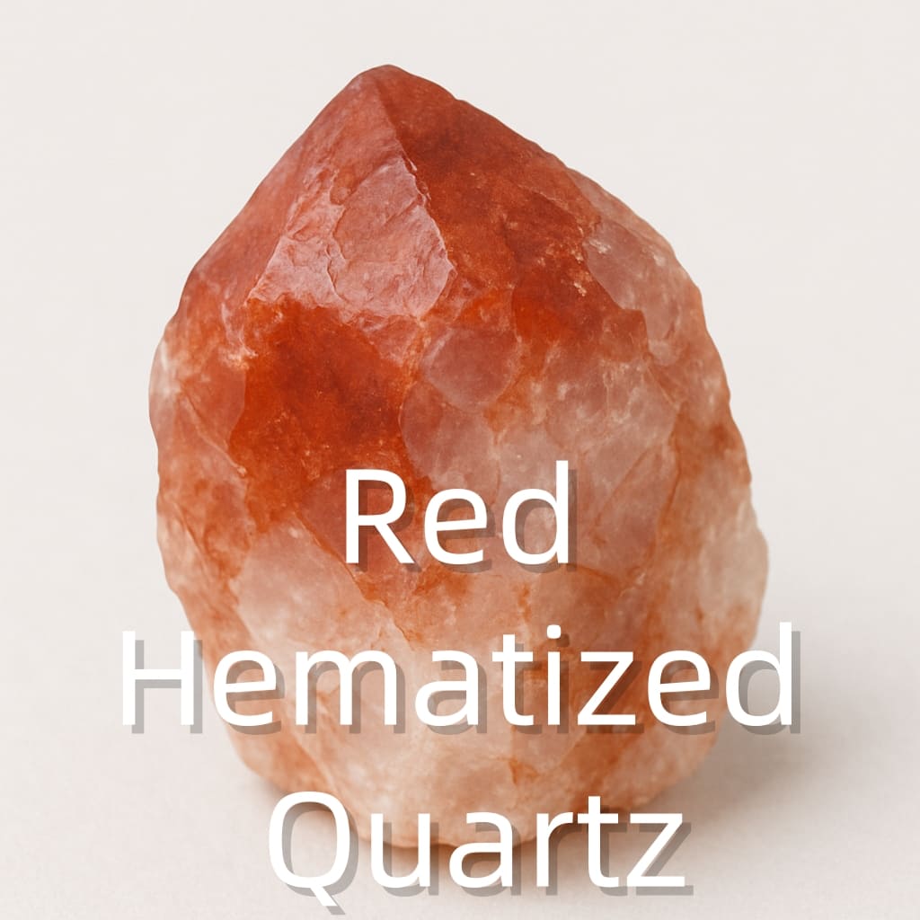 Red Hematized Quartz crystal with rust-colored streaks, symbolizing grounded energy, emotional healing, and clarity