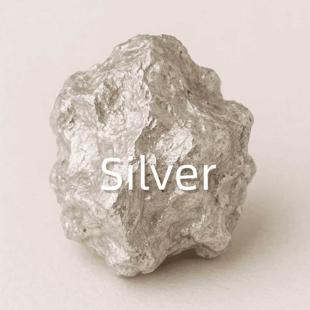 Shiny sterling silver with a polished finish, symbolizing clarity, elegance, and modern purity