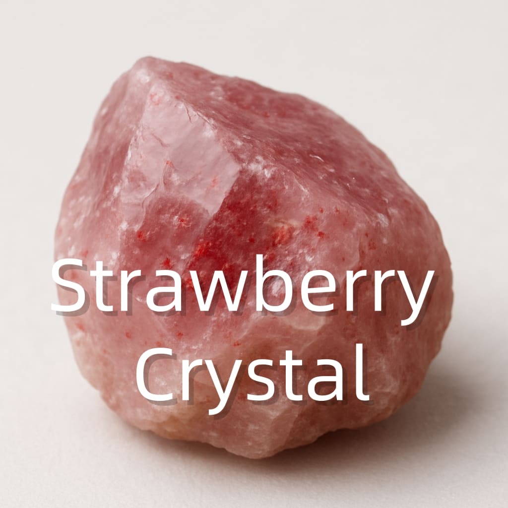 Shimmering Strawberry Quartz gemstone with pink-red inclusions, symbolizing love, vitality, and emotional sweetness