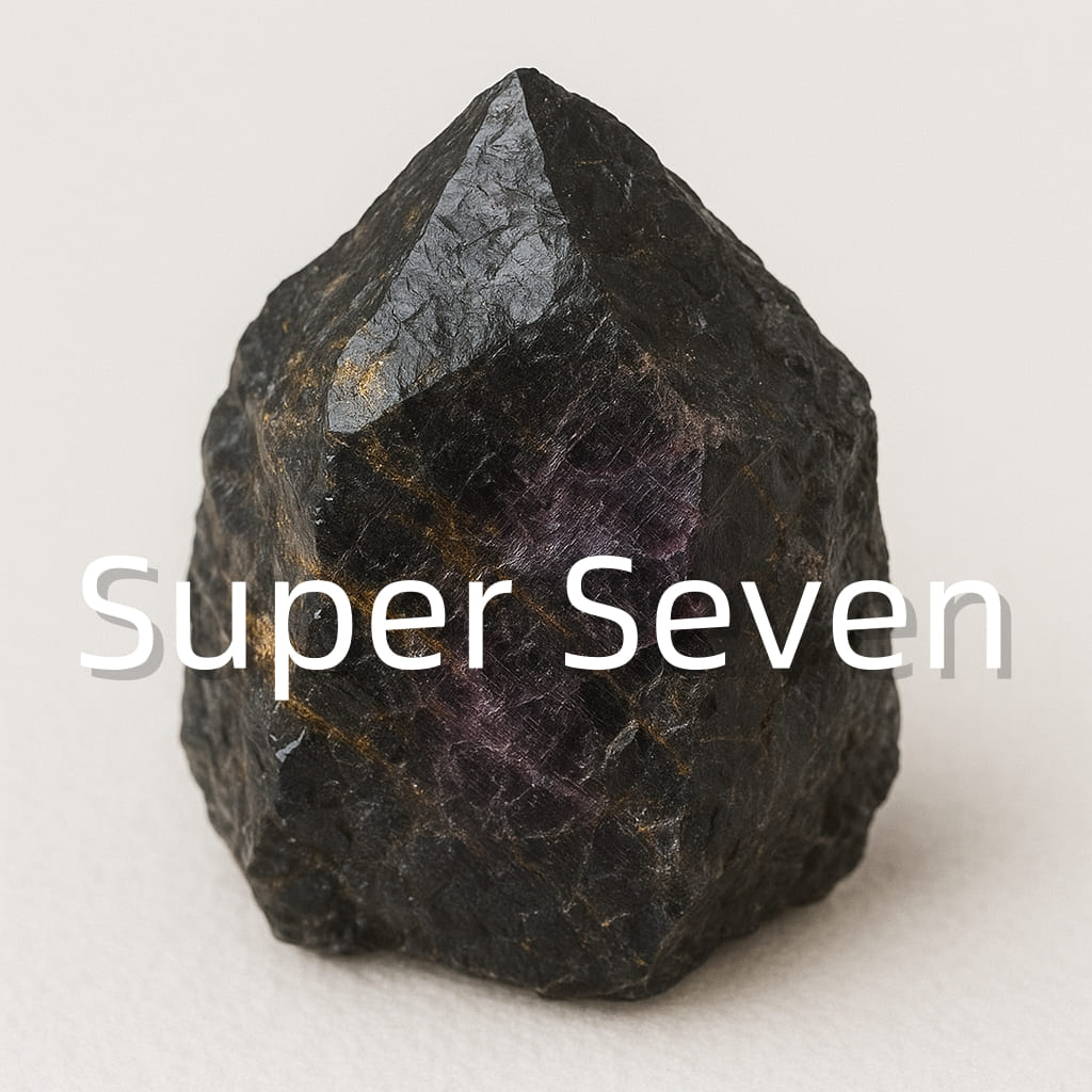Super Seven crystal with layered inclusions and rainbow flashes, symbolizing chakra alignment, intuition, and high vibration energy
