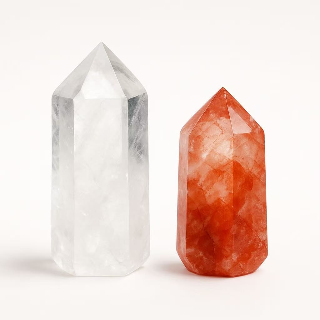 Red Hematized Quartz and white crystal gemstones for healing, balance, and wellness