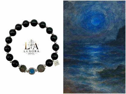 Black Obsidian Bracelet with Aquamarine & Smoky Quartz – Protection & Harmony