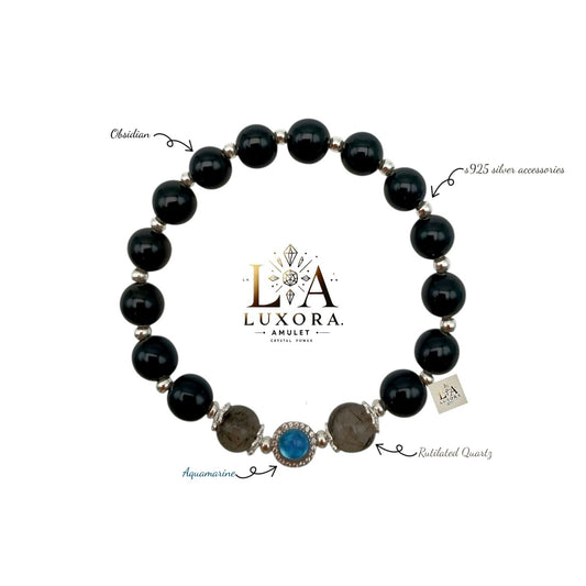 Black Obsidian Bracelet with Aquamarine & Smoky Quartz – Protection & Harmony