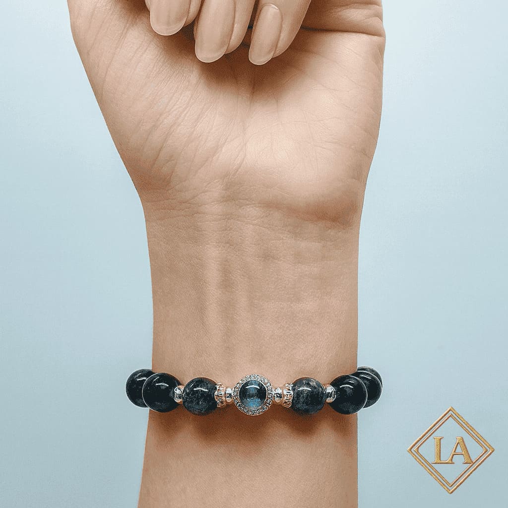 Black Obsidian Bracelet with Aquamarine & Smoky Quartz – Protection & Harmony