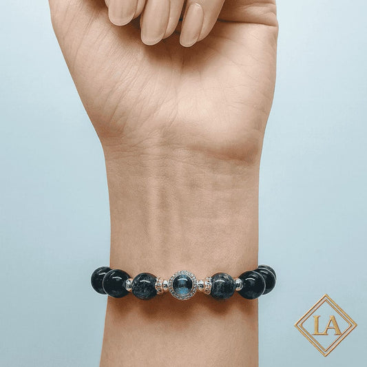 Black Obsidian Bracelet with Aquamarine & Smoky Quartz – Protection & Harmony
