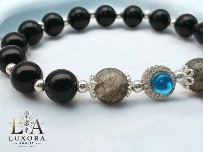 Black Obsidian Bracelet with Aquamarine & Smoky Quartz – Protection & Harmony