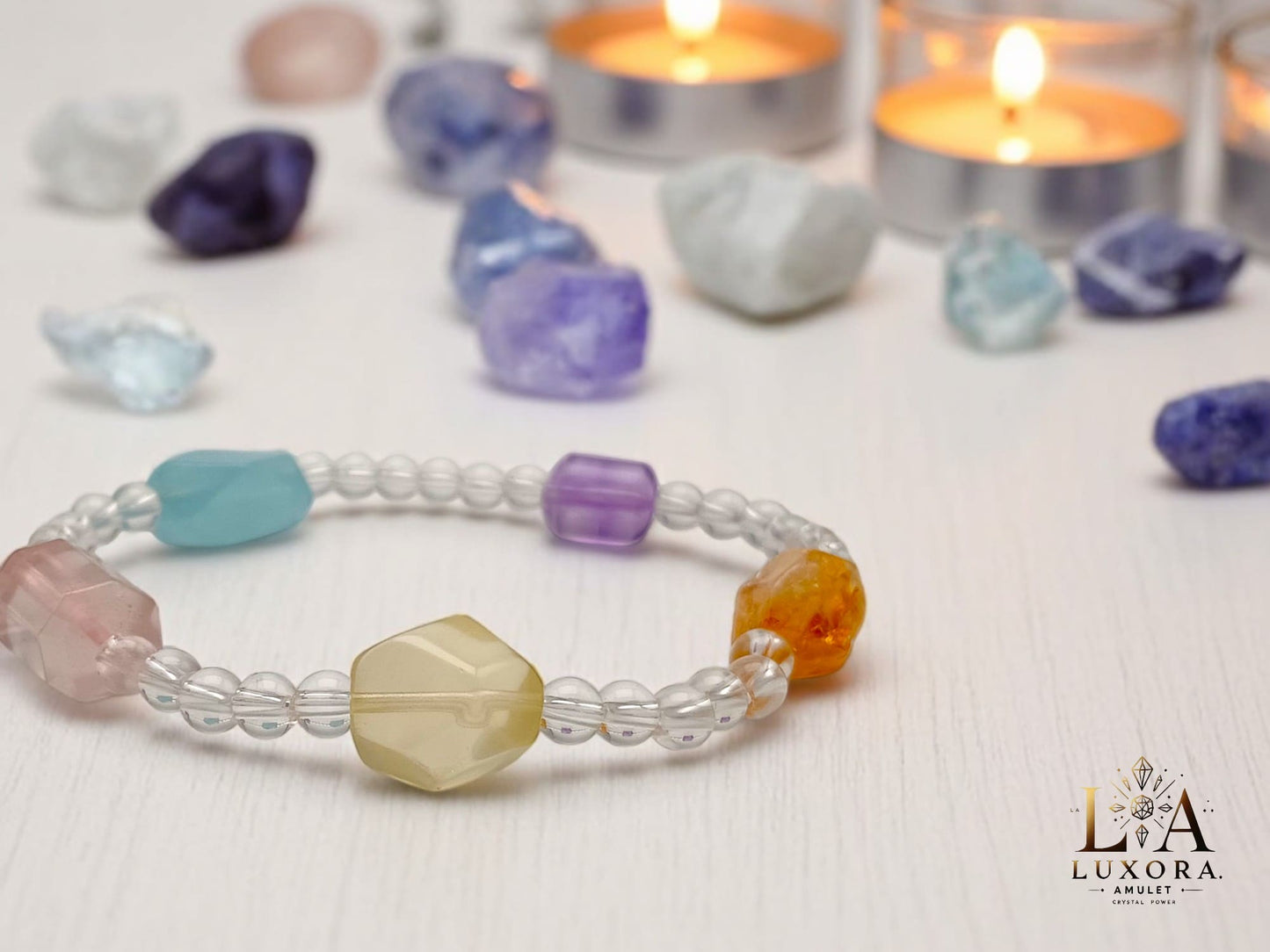 Citrine, Amethyst & Aquamarine Crystal Bracelet with Pink Crystal and White Crystal Accents