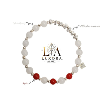 White Crystal & Red Agate Bracelet with S925 Silver Beads – Balance & Energy