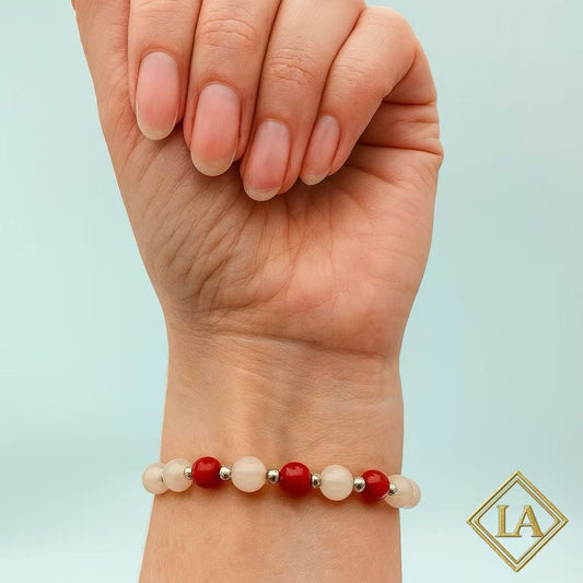 White Crystal & Red Agate Bracelet with S925 Silver Beads – Balance & Energy
